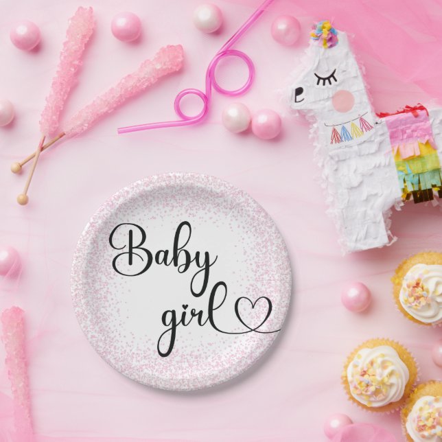 Baby girl script pink glitter Paper Plate (Party)