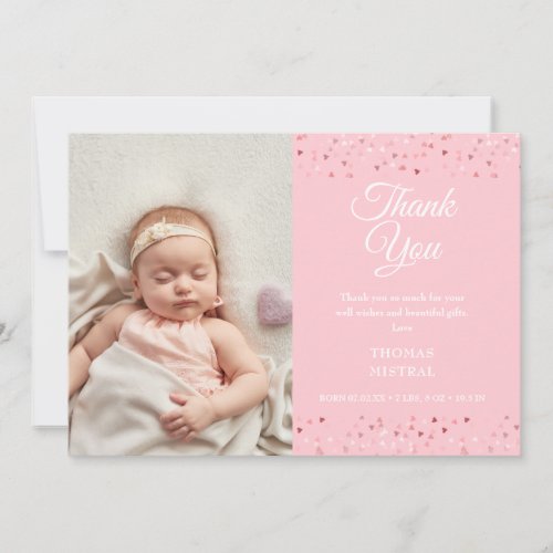 Baby Girl Script Thank You Love Hearts Photo Birth Announcement
