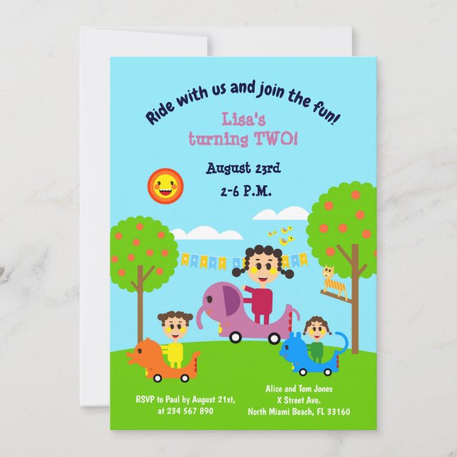 Baby girl second birthday animal electric cars  in invitation (Front)