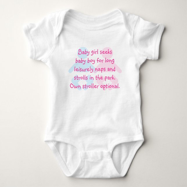 Baby Girl Seeks Baby Boy Funny T-Shirt Baby Bodysuit (Front)