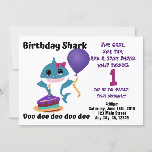 Baby Girl Shark Personalized Birthday Party Invitation