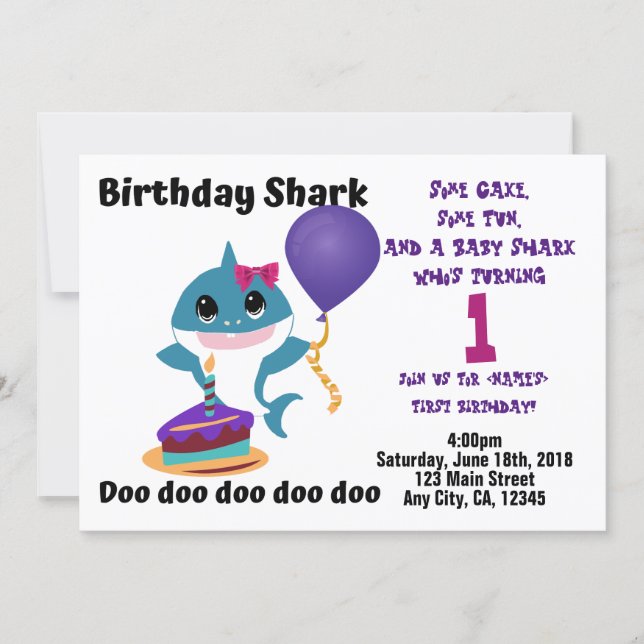 Baby Girl Shark Personalized Birthday Party Invitation (Front)