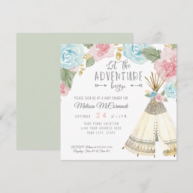 Baby Girl Shower Adventure Begin Teepee Mint Green Invitation (Front/Back)