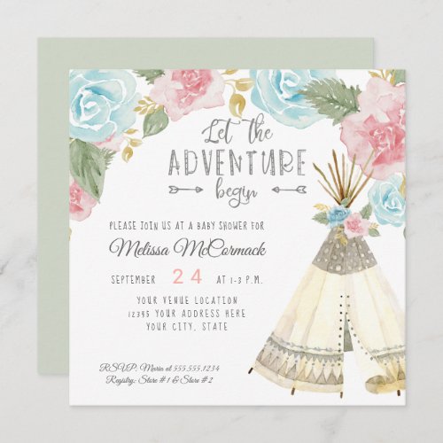 Baby Girl Shower Adventure Begin Teepee Mint Green Invitation