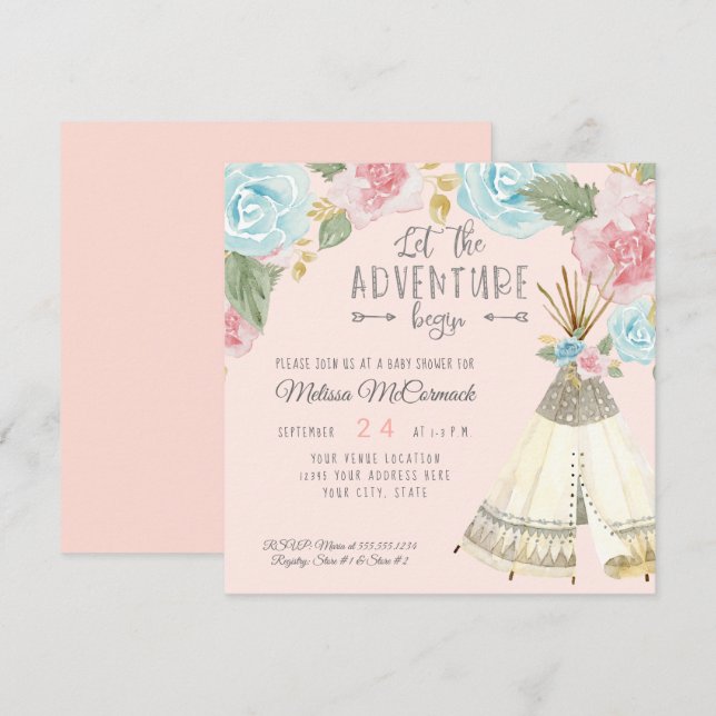 Baby Girl Shower Adventure Begin Teepee w Roses Invitation (Front/Back)