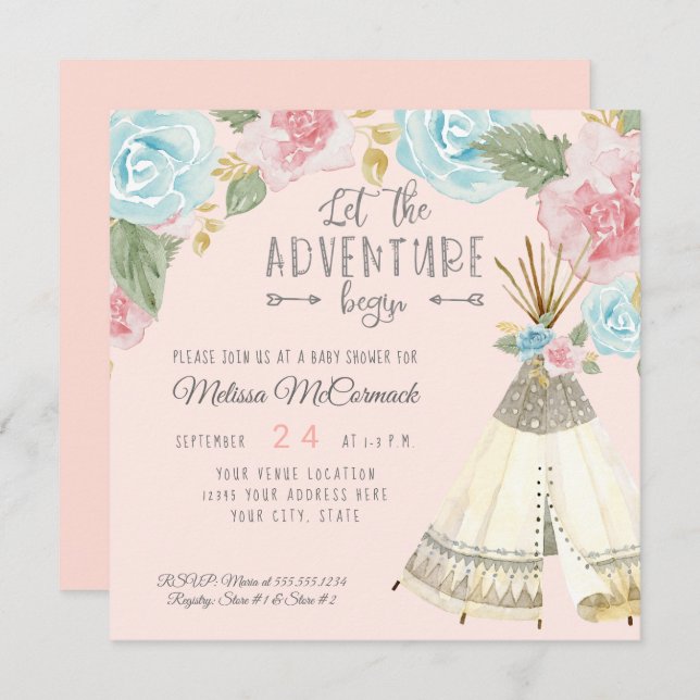 Baby Girl Shower Adventure Begin Teepee w Roses Invitation (Front/Back)