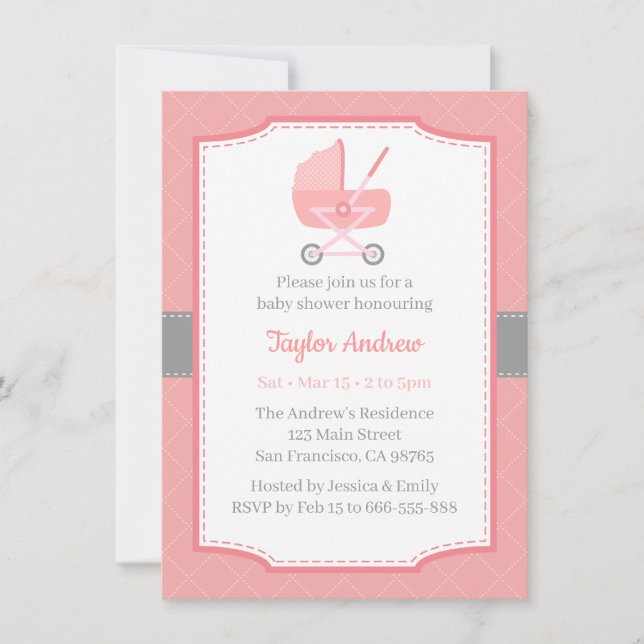 Baby Girl Shower Baby Stroller Pink Invitation (Front)