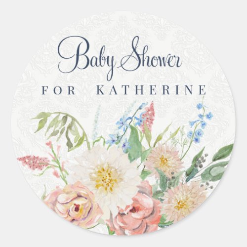 Baby Girl Shower Blush Pink Floral Leaf Greenery Classic Round Sticker