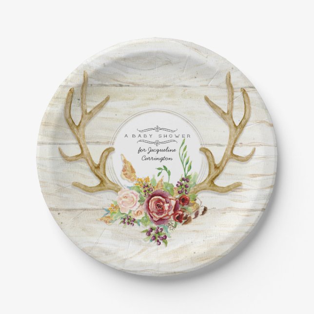 Baby Girl Shower Boho Deer Antler Burgundy Rose Paper Plates (Front)