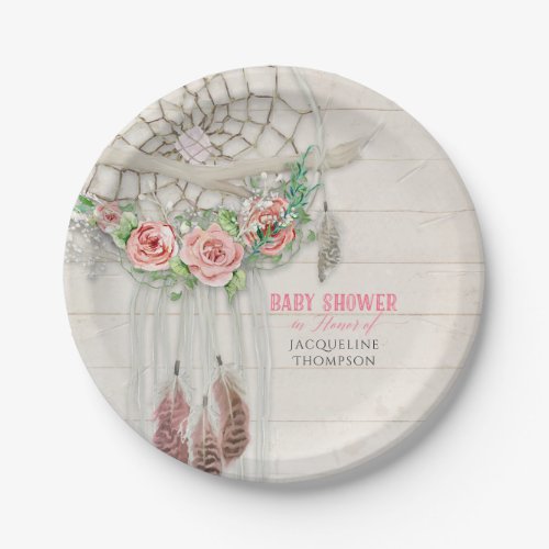 Baby Girl Shower BOHO Floral Dream Catcher Feather Paper Plates