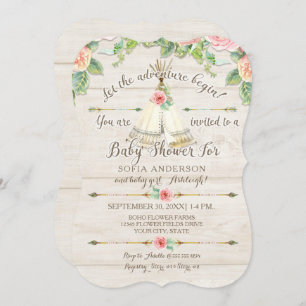 Baby Girl Shower BOHO Teepee Arrow Barn Wood Board Invitation