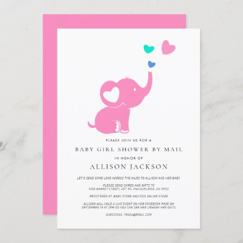 Baby Girl Shower By Mail Bright Pink Elephant Invitation