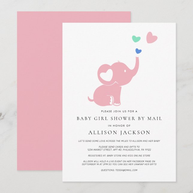 Baby Girl Shower By Mail Pink Elephant Invitation (Front/Back)