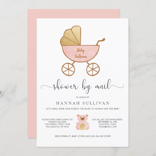 Baby Girl Shower by Mail Retro Carriage Pink Gold Invitation
