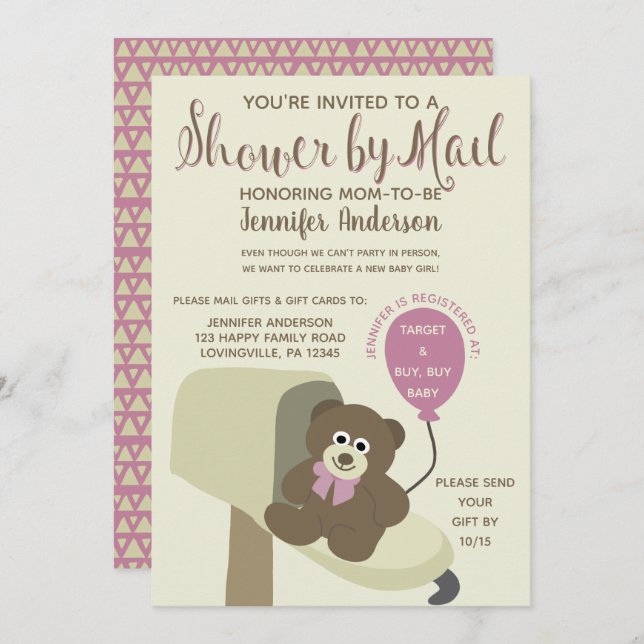 Baby Girl Shower by Mail Teddy Bear Invitation (Front/Back)