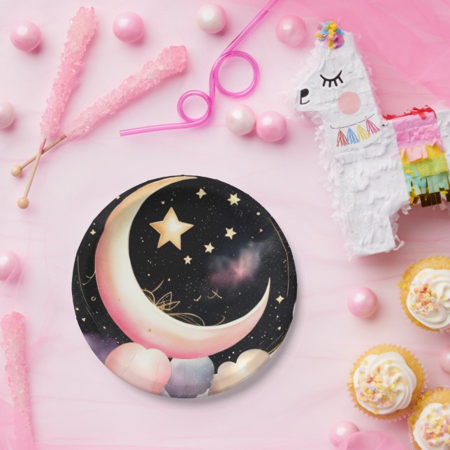 Baby Girl Shower: Celestial Moon & Stars Paper Plates (Party)