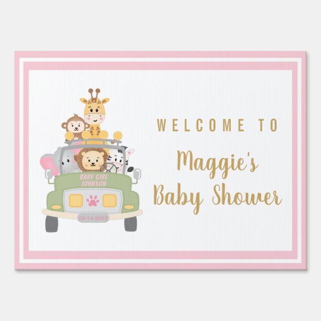 Baby Girl Shower Cute Animal Safari Pink Welcome Sign (Front)
