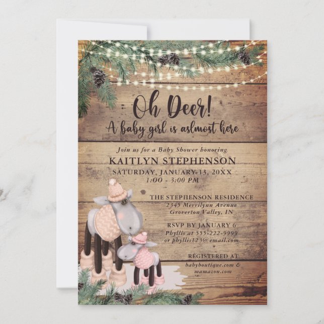 Baby Girl Shower Cute Rustic Winter Deer Invitation (Front)