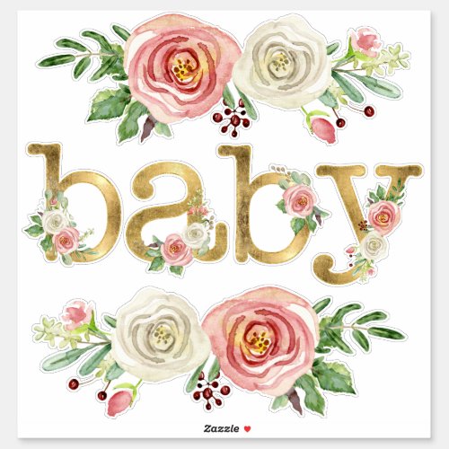 Baby Girl Shower Decor Watercolor Floral w Gold Sticker