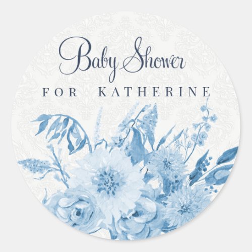 Baby Girl Shower Dusty Blue Watercolor Floral Classic Round Sticker