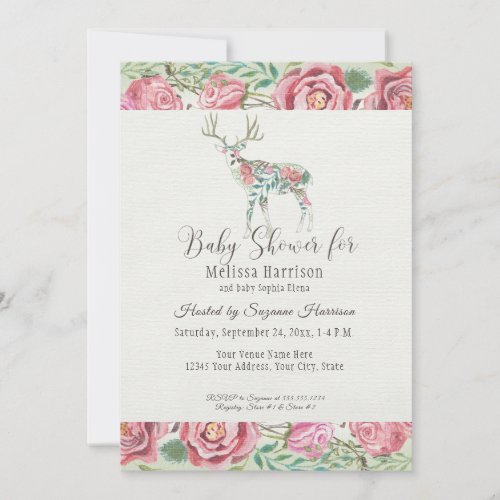 Baby Girl Shower Elegant Floral Rose Deer Antlers Invitation