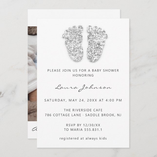 Baby Girl Shower Feet Glitter White Gray Photo Inv Invitation (Front/Back)