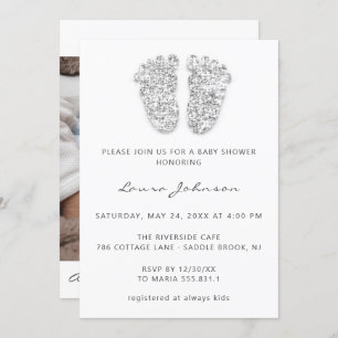 Baby Girl Shower Feet Glitter White Gray Photo Inv Invitation