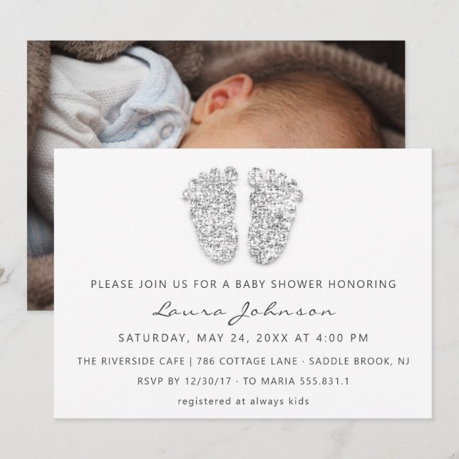Baby Girl Shower Feet Glitter White Gray Photo Invitation (Front/Back)