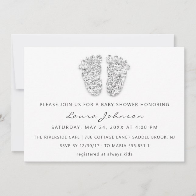 Baby Girl Shower Feet Glitter White Gray Photo Invitation (Front)