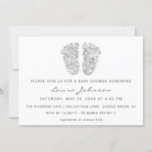 Baby Girl Shower Feet Glitter White Gray Photo Invitation