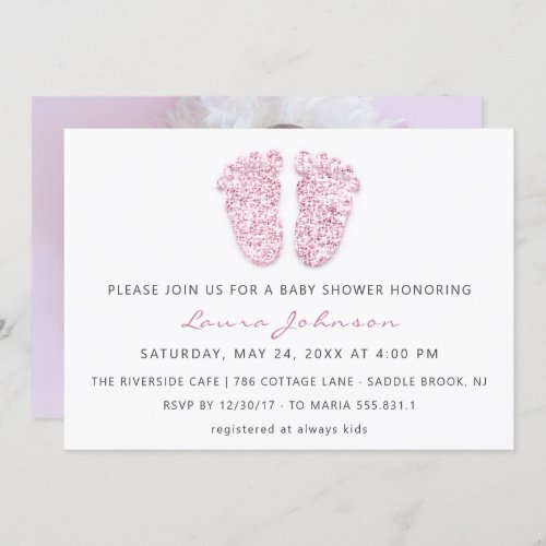 Baby Girl Shower Feet Glitter White Pink Photo Invitation