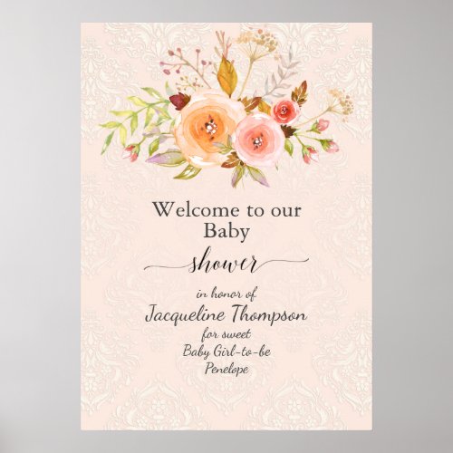 Baby Girl Shower Floral Damask Watercolor Welcome Poster