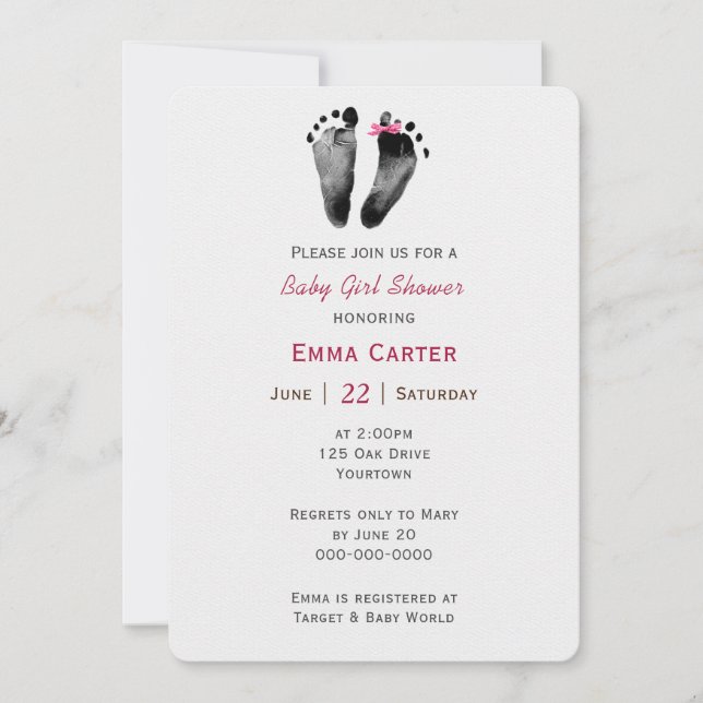 Baby Girl Shower Footprint With Bow Invitation (Front)