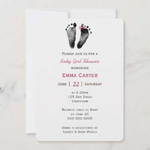 Baby Girl Shower Footprint With Bow Invitation