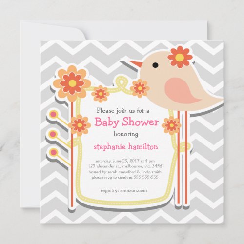 Baby girl shower gray chevron flower birds custom announcements