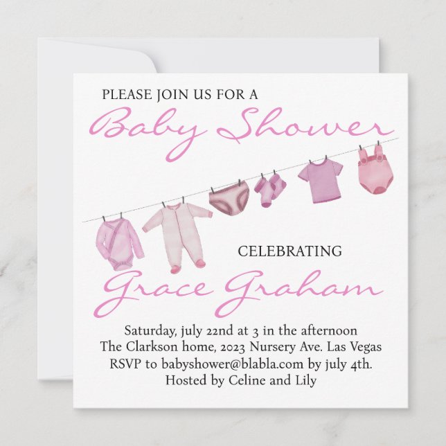 Baby Girl Shower invitation Clothes on line (Front)