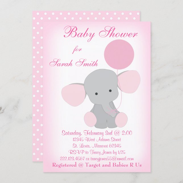 Baby Girl Shower Invitation Elephant Pink Gray (Front/Back)
