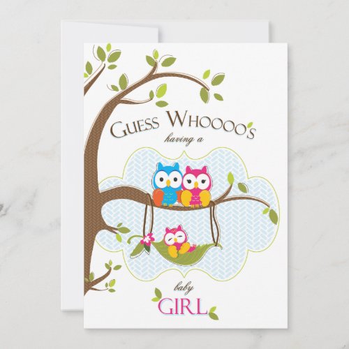 Baby Girl Shower Invitation - Owl Family