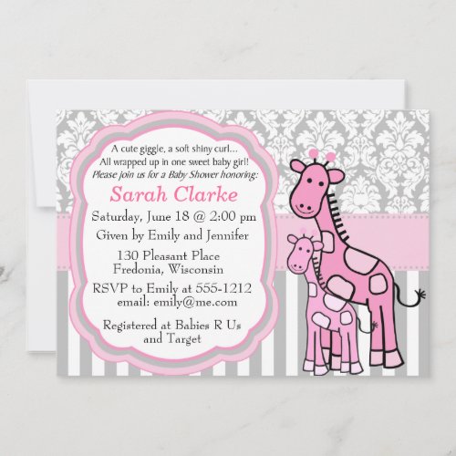 Baby Girl Shower Invitation pink giraffe customize