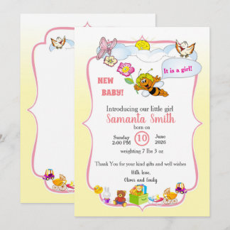 baby girl shower invitation with a cute bee