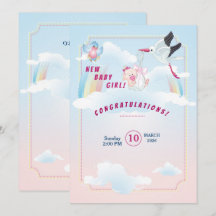 baby girl shower invitation with a funny stork