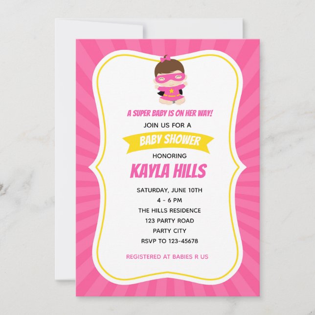 Baby Girl Shower Invitations (Superhero) Pink (Front)