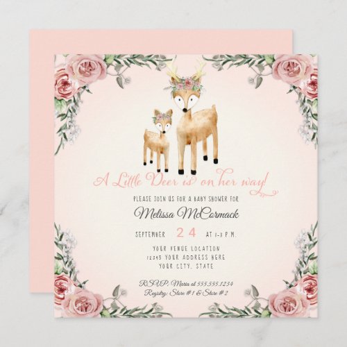 Baby Girl Shower Little Deer Antler Roses Square Invitation