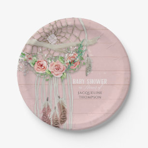 Baby Girl Shower Modern Floral Hot Pink Peach Rose Paper Plates