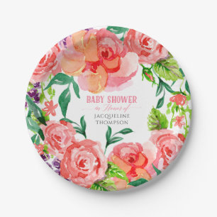 Baby Girl Shower Modern Floral Hot Pink Peach Rose Paper Plates