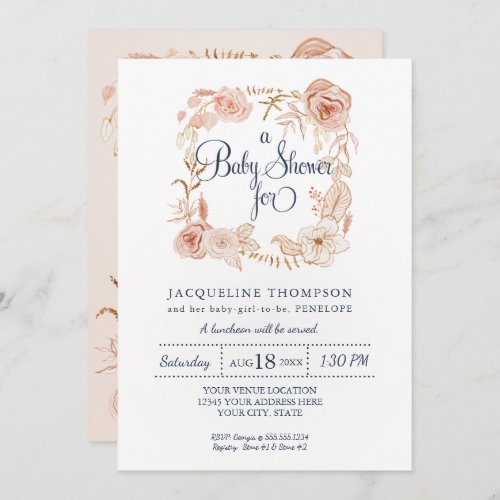 Baby Girl Shower Navy Blush Pink Watercolor Floral Invitation