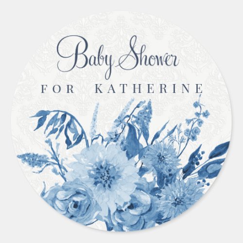 Baby Girl Shower Navy n White Watercolor Floral Classic Round Sticker