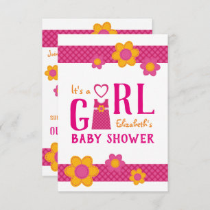 Baby girl shower party, pink dress, happy floral invitation