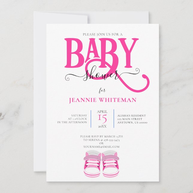 BABY GIRL SHOWER, PINK BOOTIES, PINK TYPOGRAPHY INVITATION (Front)