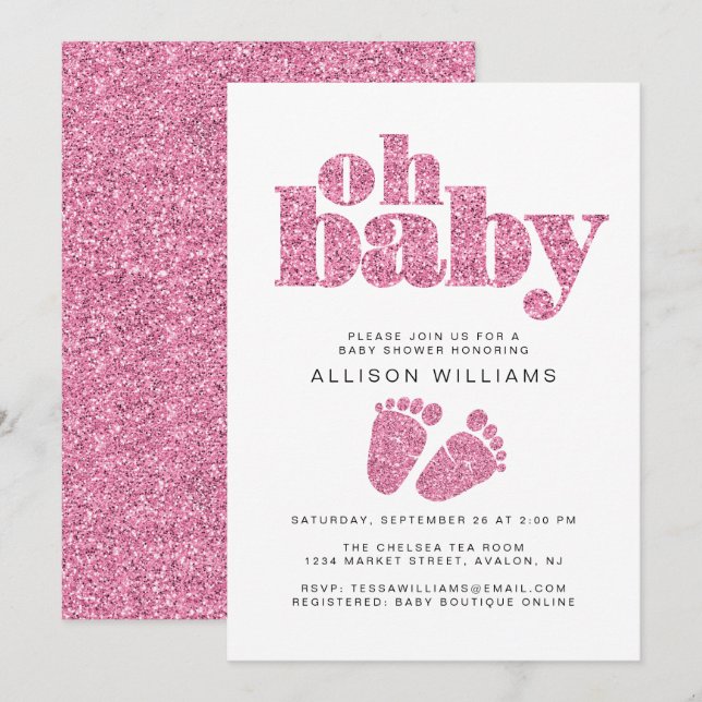 Baby Girl Shower Pink Glitter Invitation (Front/Back)